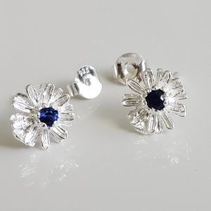 925 Sterling Silver Flower Stud Earrings , Lab grown Sapphire